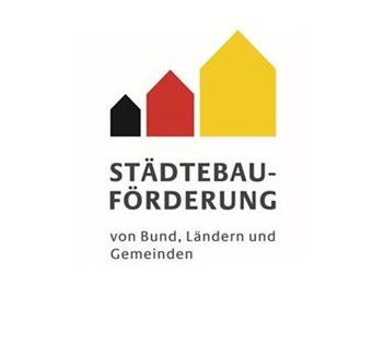 Logo „Städtebauförderung“ mit schwarzen, roten und gelben stilisierten Hausformen.