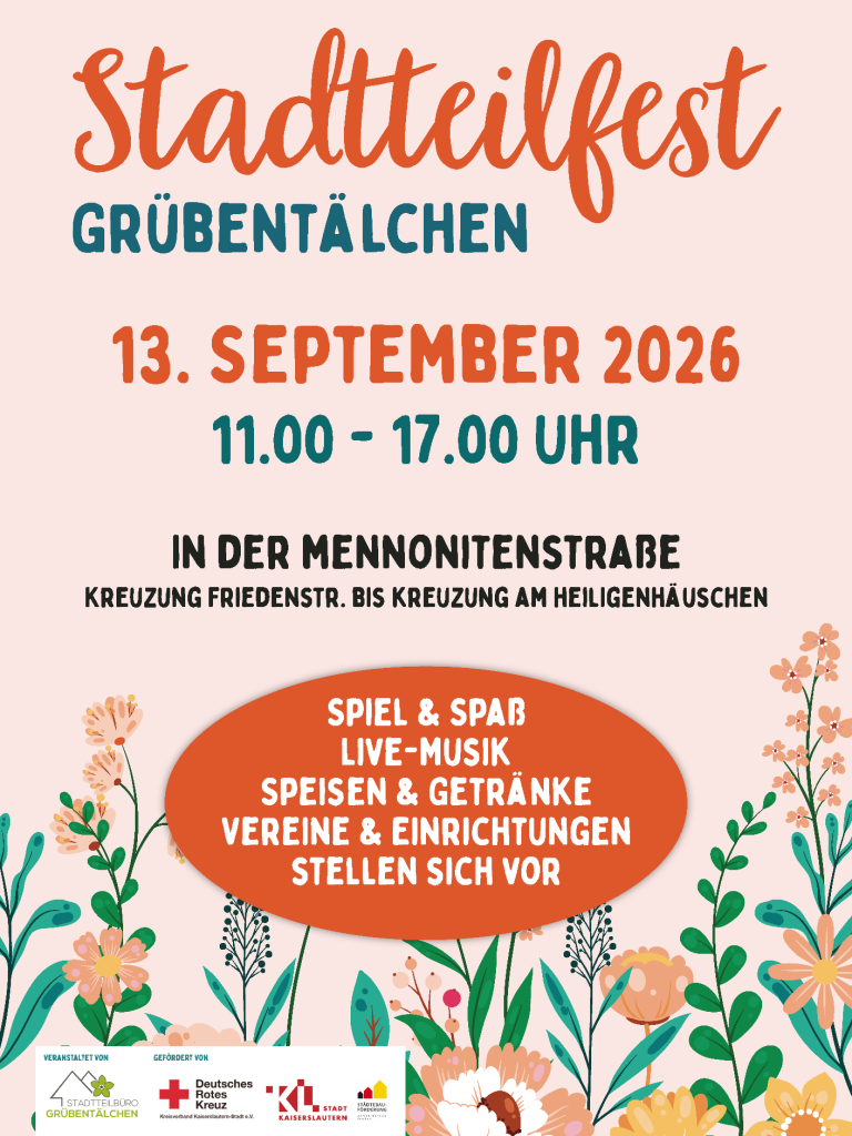 Buntes blumiges Plakat zur Ankündigung des Stadtteilfests in Grübentälchen am 13.09.2026 in der Mennonitenstraße.